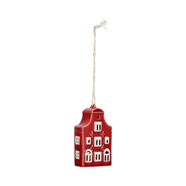 Hanger, porselein, trapgevelhuisje, rood