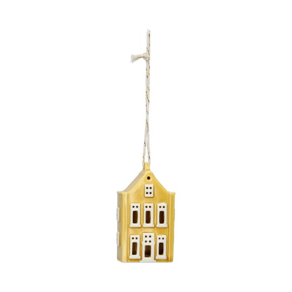 Hanger, porselein, klokgevelhuis, geel