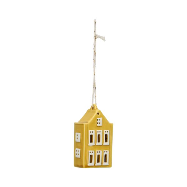 Hanger, porselein, klokgevelhuis, geel