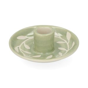 Bougeoir motif branches, grès, vert clair, Ø10.5 x 3,2 cm