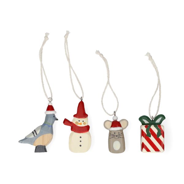 Hangers, hout, set van 4 (duif,muis,cadeau en sneeuwpop)