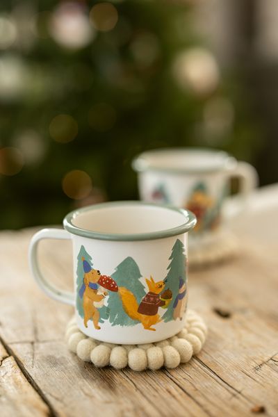 Beker met oor, emaille, dieren kerstbos, Ø8 cm