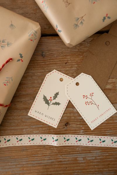 Cadeaulabels met kersttakjes, papier, 10 stuks