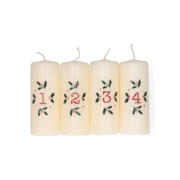 Adventskaarsen met hulst, set van 4, Ø4 x 10 cm
