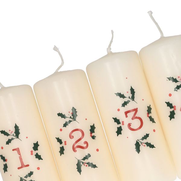 Adventskaarsen met hulst, set van 4, Ø4 x 10 cm