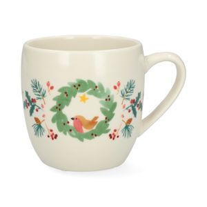 Mok, steengoed, roodborstje in een krans, Ø8.5 cm
