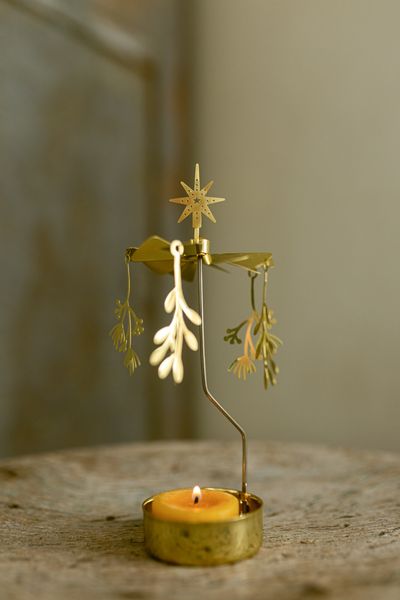 Bougeoir rotatif, brindilles de Noël, métal doré
