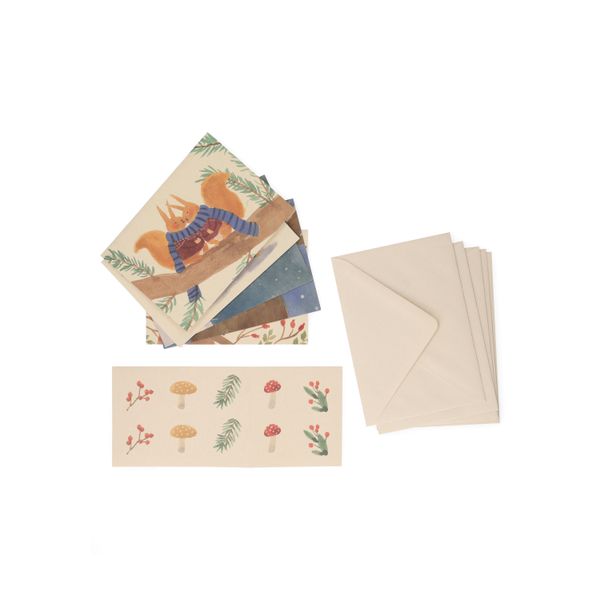 Kerstkaarten met envelop, papier, bosvondsten, 10 stuks