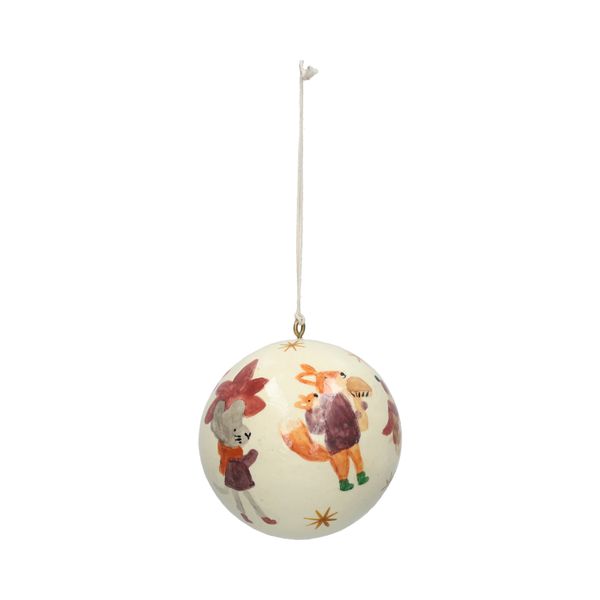 Kerstbal, katoenmaché, bosdieren, wit, Ø7 cm