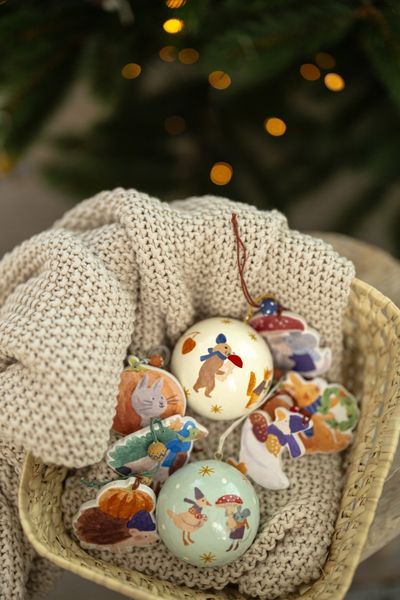 Kerstbal, katoenmaché, bosdieren, wit, Ø7 cm