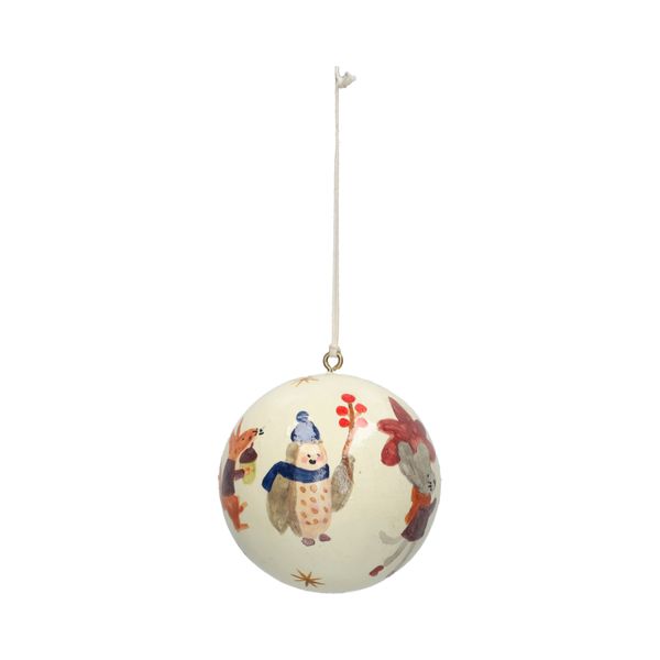 Kerstbal, katoenmaché, bosdieren, wit, Ø7 cm