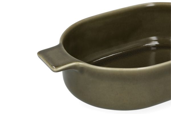 Plat à four, émail réactif, grès, vert olive, 29,5 x 17 cm