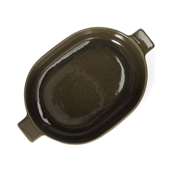 Plat à four, émail réactif, grès, vert olive, 35,5 x 22 cm
