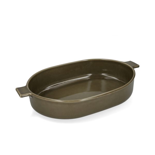 Ovenschaal, reactieve glazuur, steengoed, olijfgroen, 42 x 25 cm