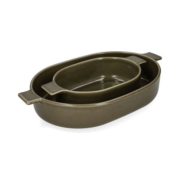 Ovenschaal, reactieve glazuur, steengoed, olijfgroen, 42 x 25 cm