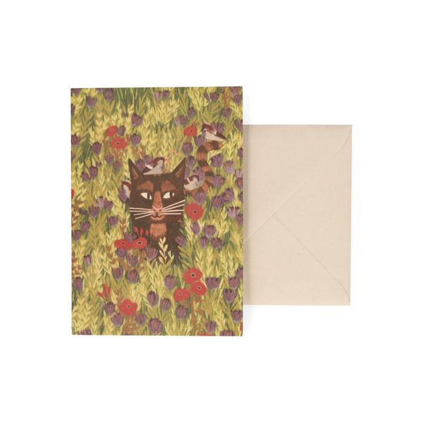 Carte, World Animal Protection, chat et oiseaux parmi fleurs