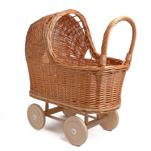Landau-poussette pour poupée en osier, poignée et roues en bois