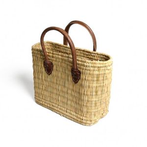 Wicker rushes bag, brown leather handle, large