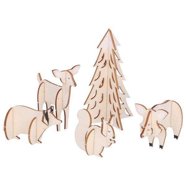 3D dieren, hout, hert, zwijn, eekhoorn en das