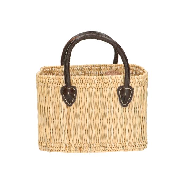Panier, joncs, anses en cuir brun, petit format