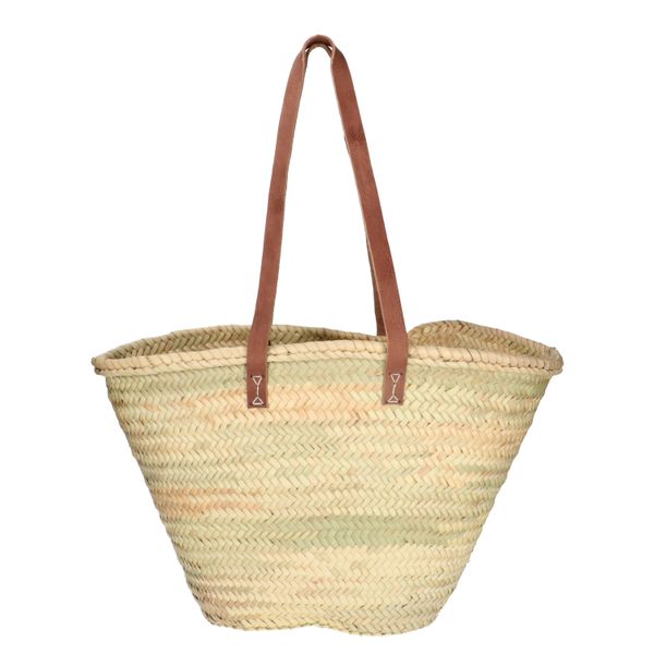 Panier marocain, palmier, à anses longues en cuir brun